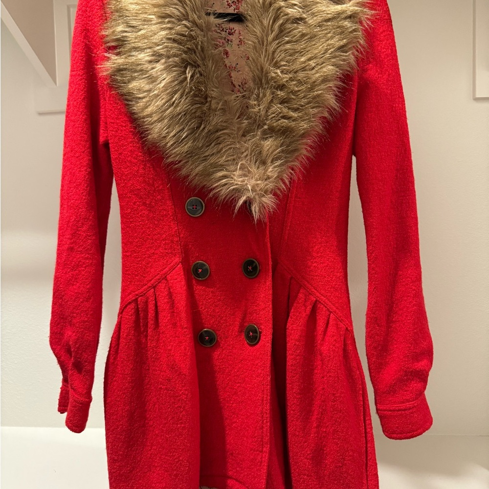 Free People Red Pea Coat with Faux Fur Collar